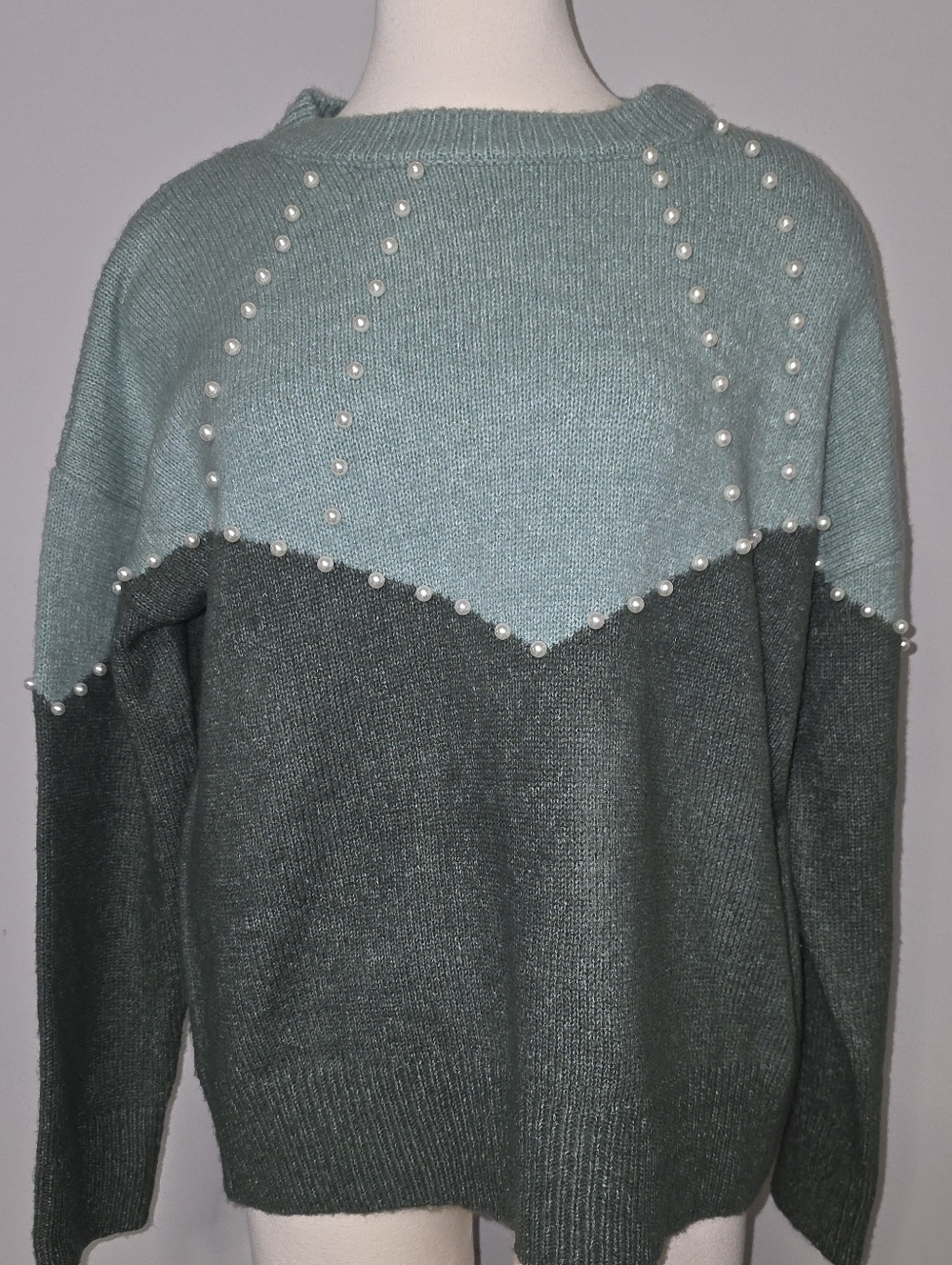 NAF NAF Mint and Forest Green Pearl-Trim Colorblock Sweater Size M NWT $112